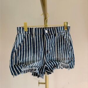 Striped Denim Frayed Hem Women's Shorts - Blue